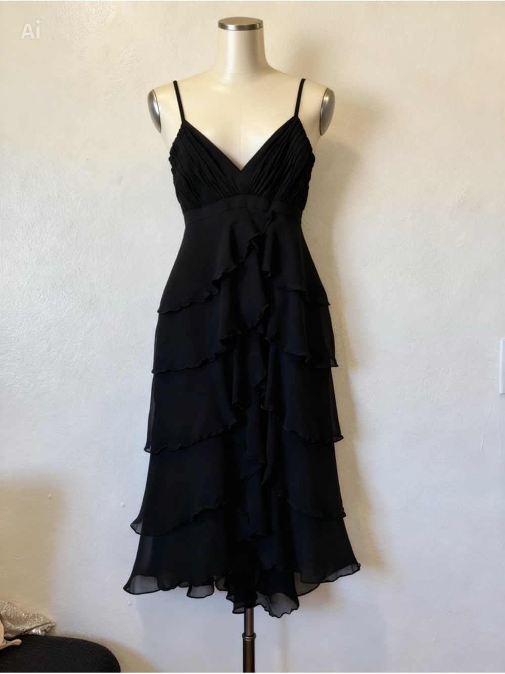 Anne Klein Black Strapless-Look Tiered Ruffle Dress